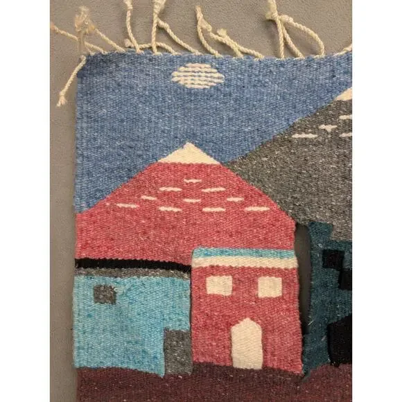 Southwestern Rug Wall Hanging Hand Loomed Woven Landscaping 42x28 Town Scene